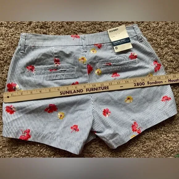 Old Navy Women's Everyday Short Sz 0 Blue White Stripe Floral Flat Front Shorts - Picture 10 of 11